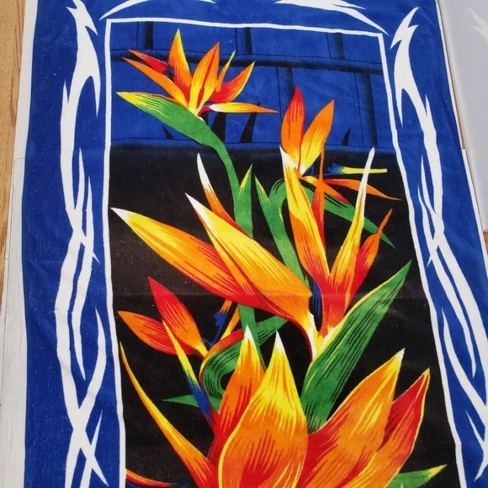 Vintage Madeira Beach Towel Bird of Paradise Tropical Tribal Floral Blue 90s Y2K